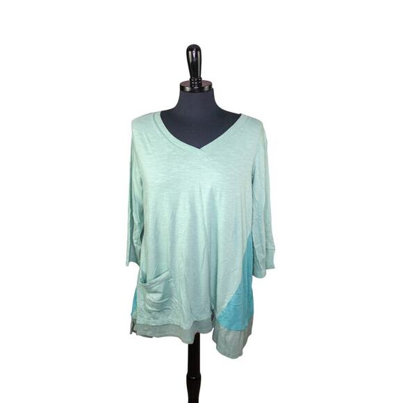 LOGO Lori Goldstein Tunic Top Cotton V Neck Green Aqua Lagenlook Boho - Picture 1 of 5